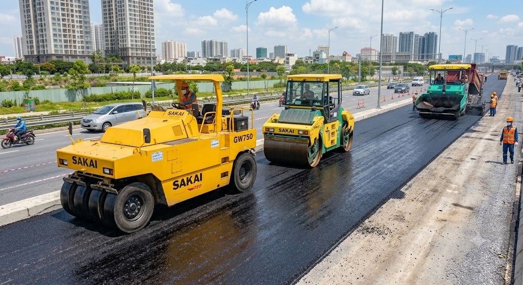 Xe lu bánh hơi Sakai và xe lu bánh thép đang phối hợp lu lèn nối đuôi nhau trên thảm nhựa nóng mới rải Xe lu bánh hơi Sakai và xe lu bánh thép đang phối hợp lu lèn nối đuôi nhau trên thảm nhựa nóng mới rải